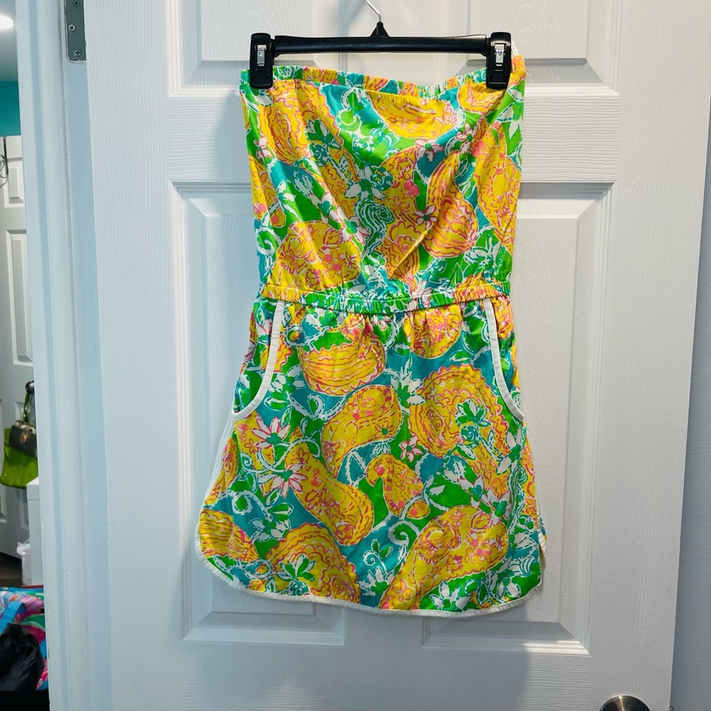 Lilly Pulitzer Strapless Romper in Green and Yellow Paisley
